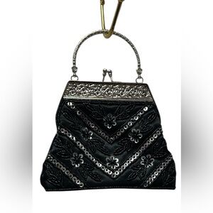 Glamorous Vintage Black and Silver Chevron Clutch Evening Bag